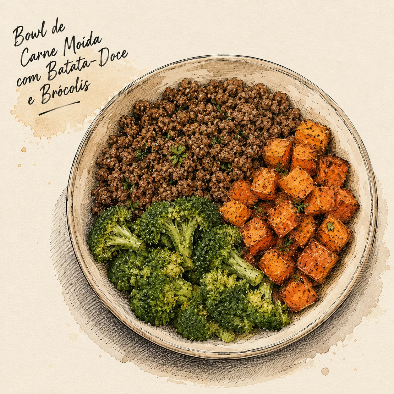 Ilustração de Bowl de Carne Moída com Batata-Doce e Brócolis