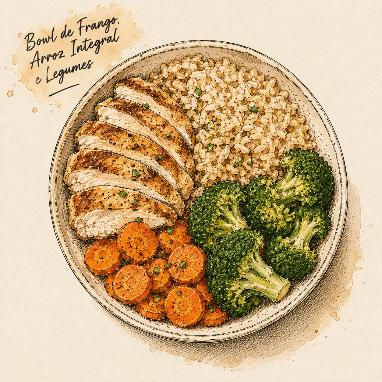 Ilustração de Bowl de Frango, Arroz Integral e Legumes