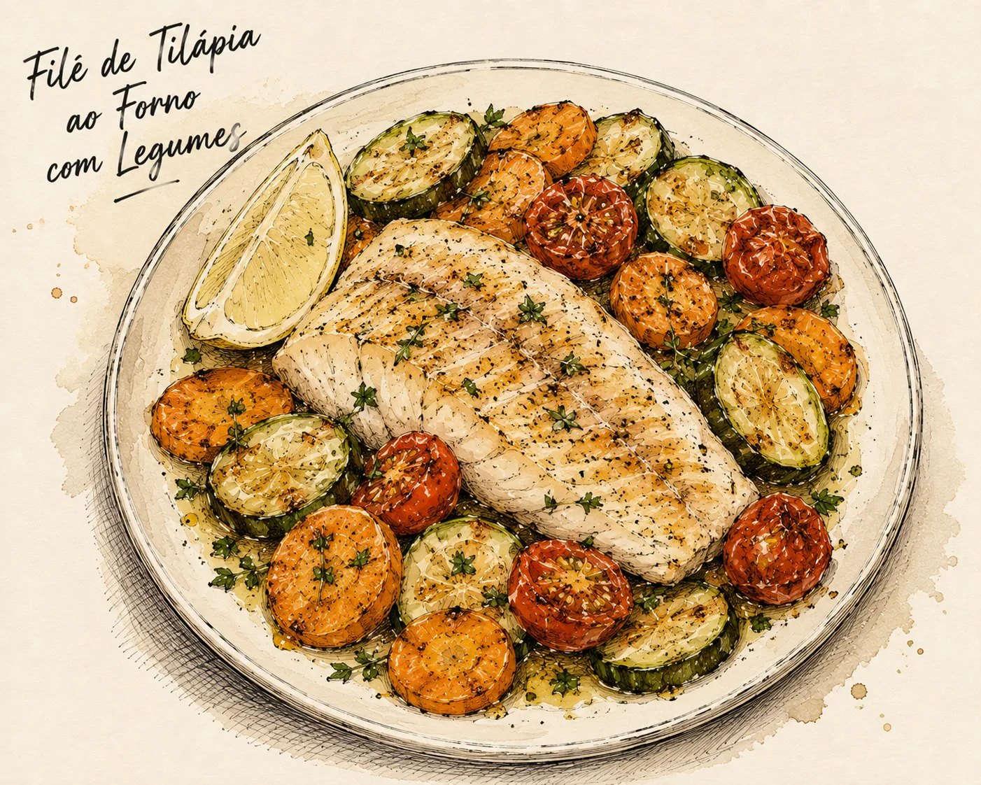 Ilustração de Filé de Tilápia ao Forno com Legumes