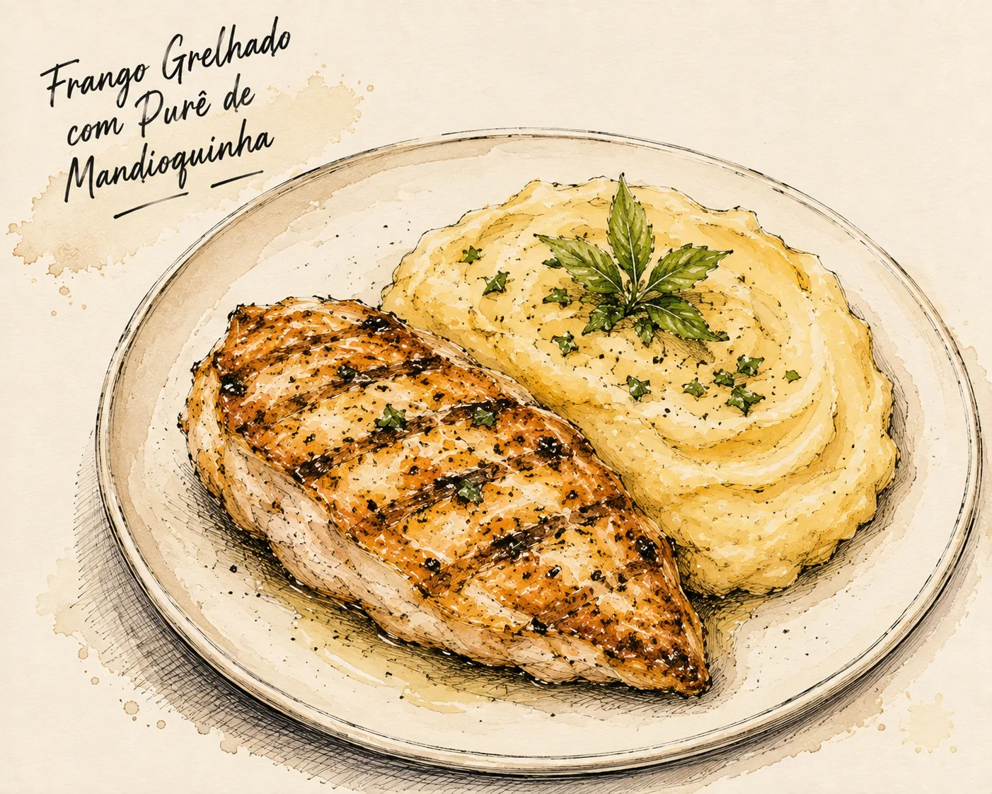 Ilustração de Frango Grelhado com Purê de Mandioquinha