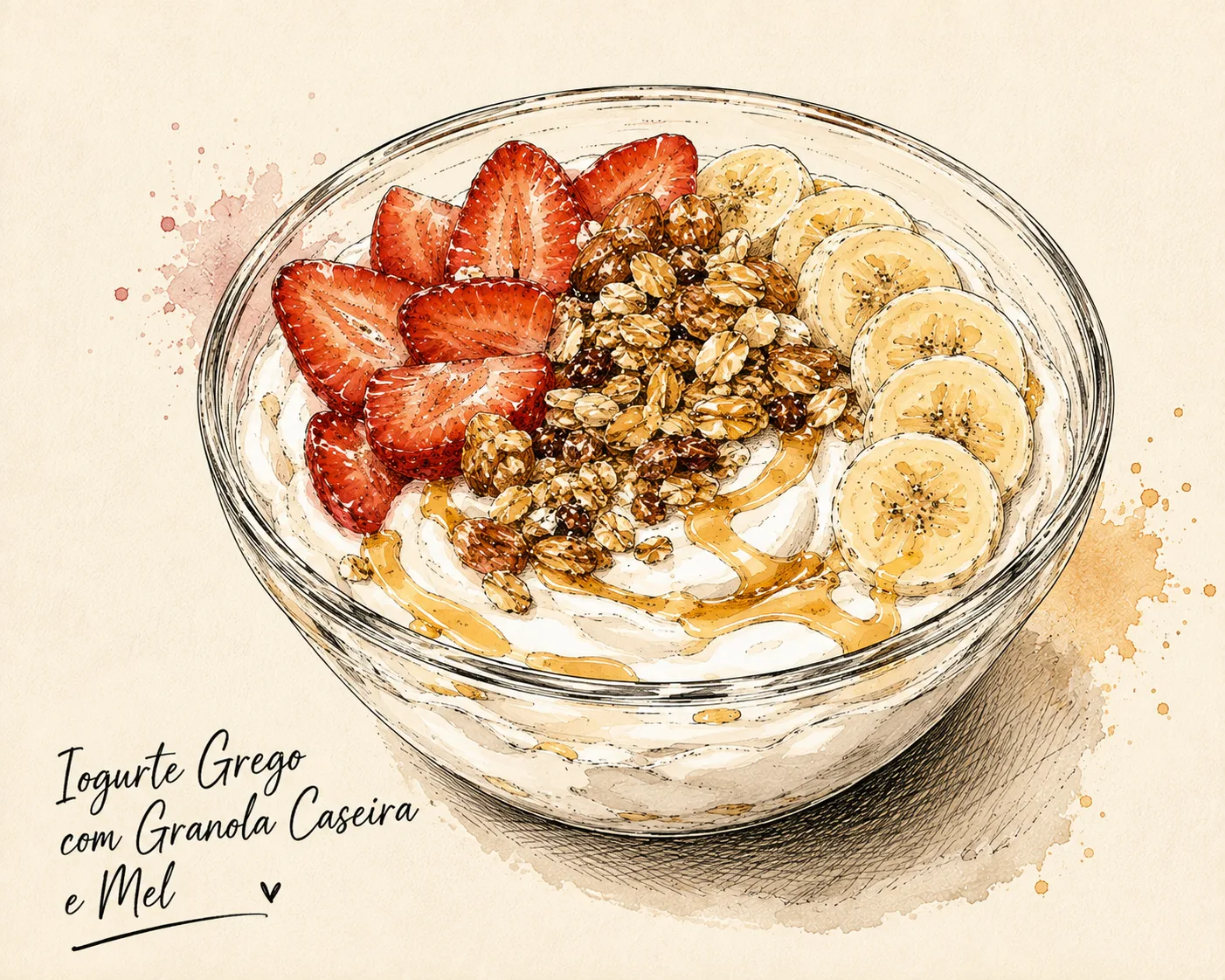 Ilustração de Iogurte Grego com Granola Caseira e Mel