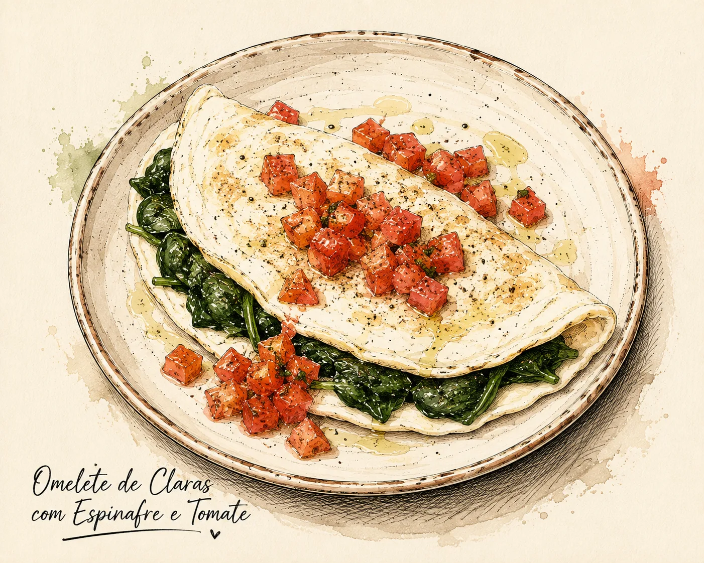 Ilustração de Omelete de Claras com Espinafre e Tomate