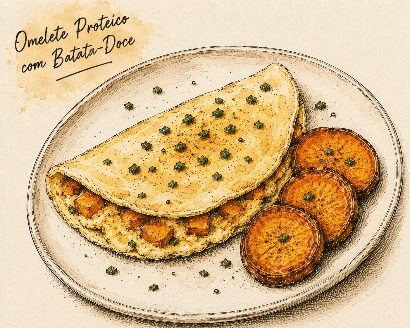Ilustração de Omelete Proteico com Batata-Doce