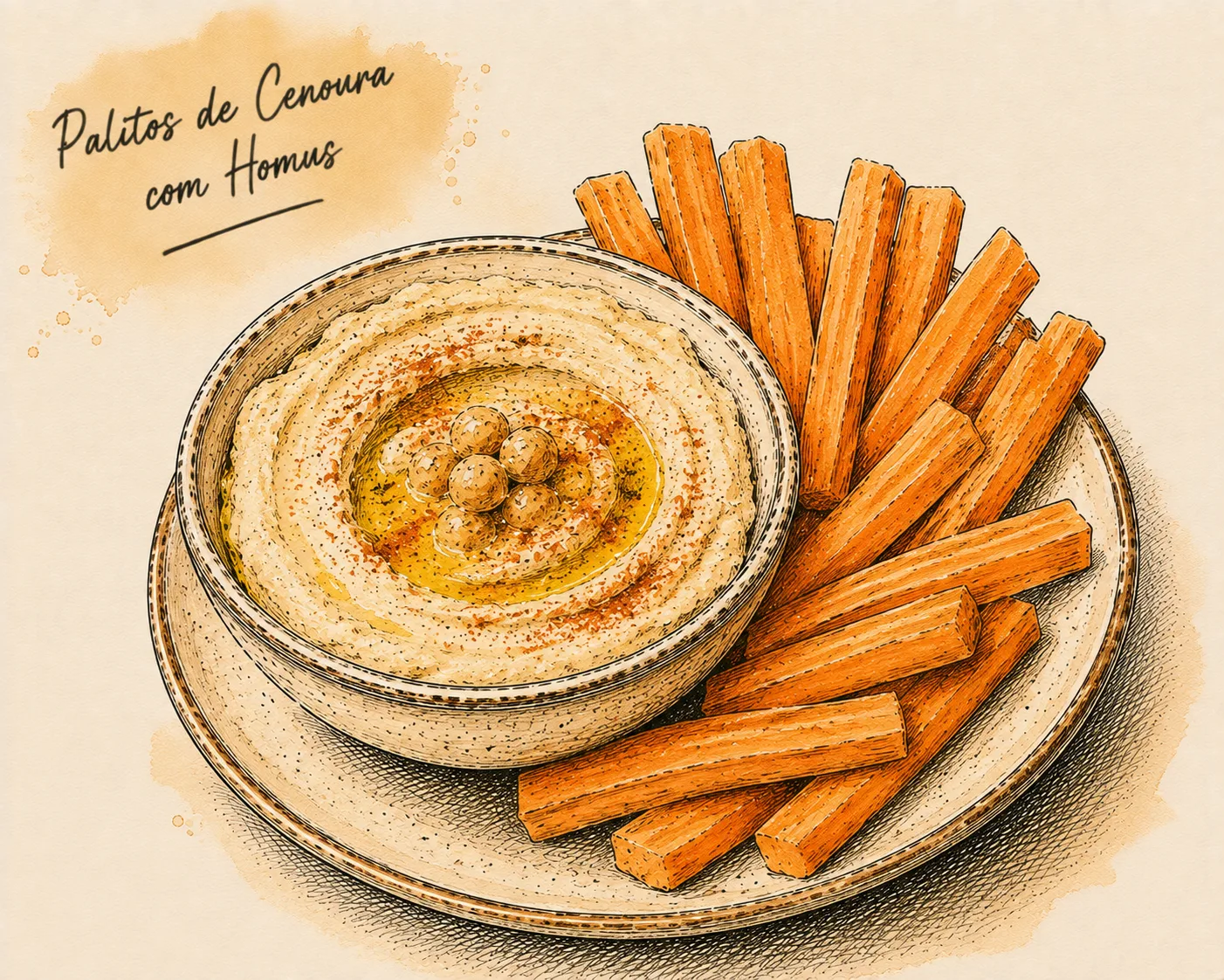 Ilustração de Palitos de Cenoura com Homus