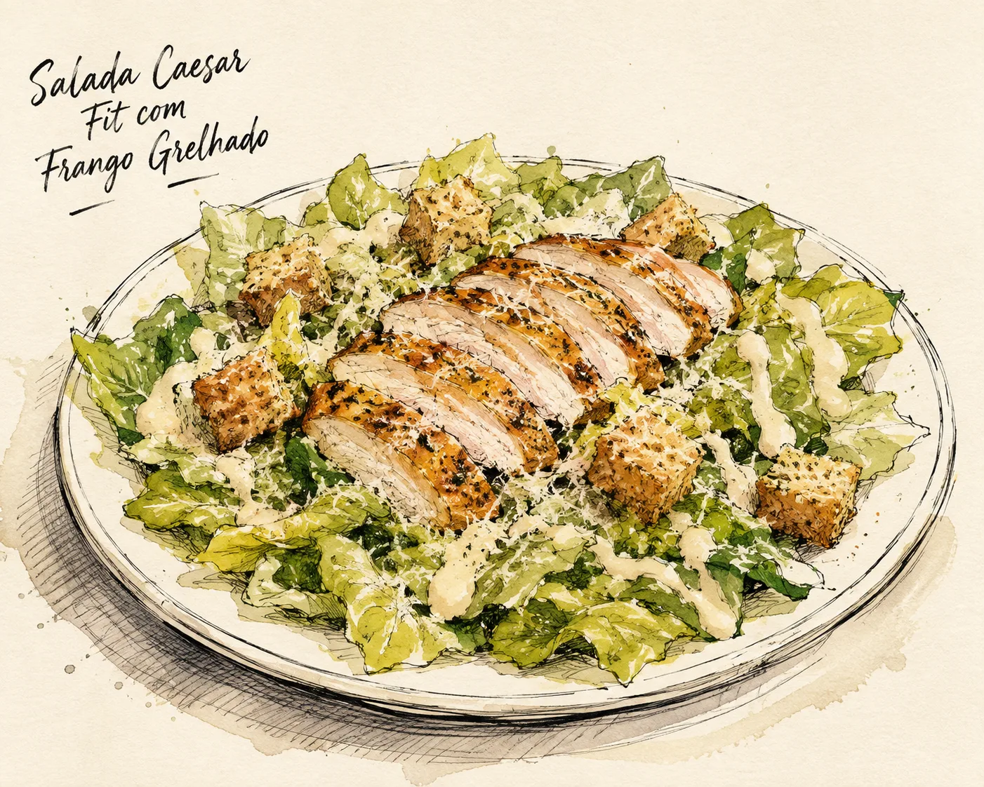 Ilustração de Salada Caesar Fit com Frango Grelhado