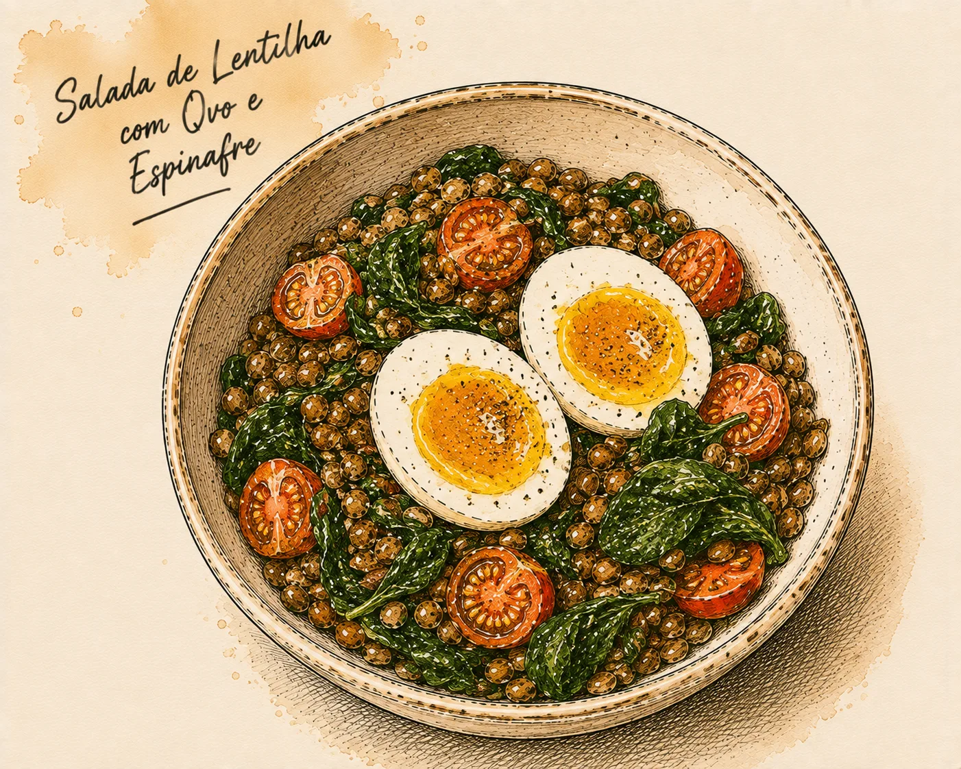 Ilustração de Salada de Lentilha com Ovo e Espinafre