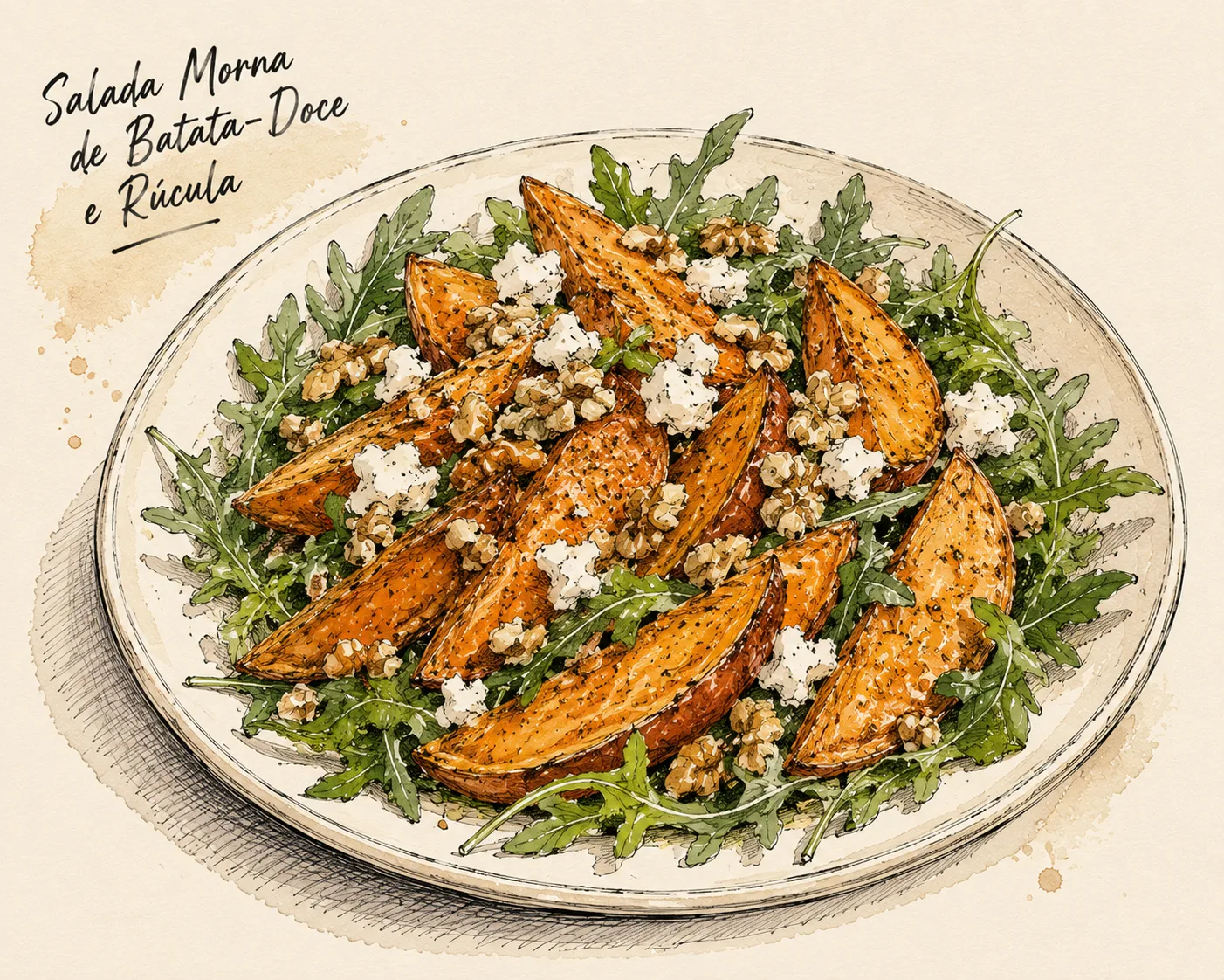 Ilustração de Salada Morna de Batata-Doce e Rúcula
